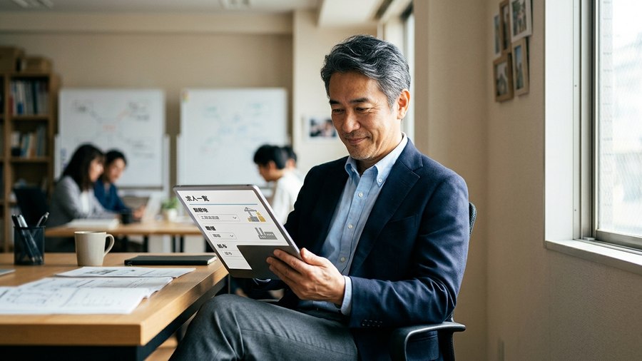 元請けの担当者がタブレットで案件を確認している様子